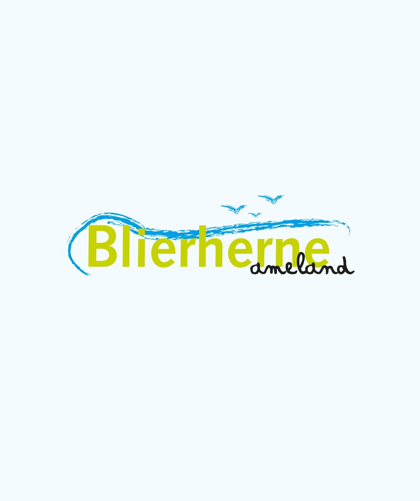 Logo met de tekst Blierherne Ameland in geel en zwart, een blauwe golfillustratie en drie vogelsilhouetten boven de tekst op een lichte achtergrond. Ideaal voor webshops of websites die online diensten aanbieden.
