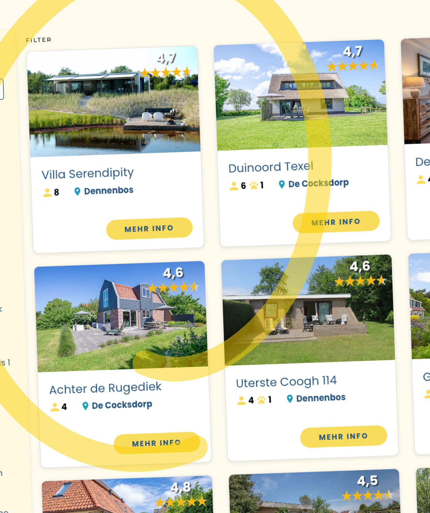 Screenshot van een website voor vakantieverhuur met vier accommodaties, elk met een foto, sterrenclassificatie, locatie, pictogrammen voor gasten en bedden, en een knop 'MEHR INFO' – ideaal om vakantiehuizen te bekijken op websites die online diensten aanbieden. Een gele cirkel markeert de vermelding linksboven.