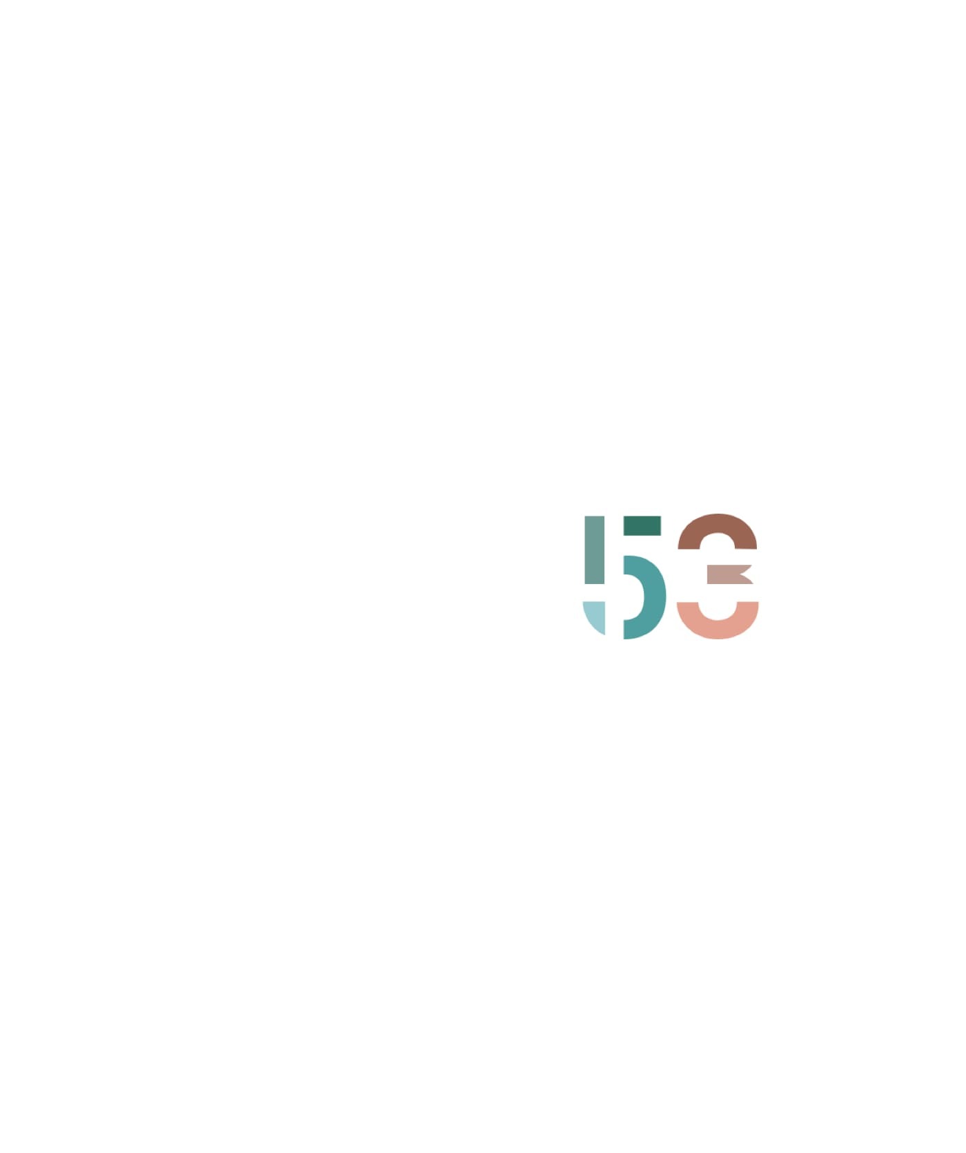 Minimalistische afbeelding met het getal 53 in een groot lettertype, horizontaal gesplitst en half blauwgroen en half bruin gekleurd, gecentreerd op een witte achtergrond. Perfect voor websites of online diensten met een modern tintje.