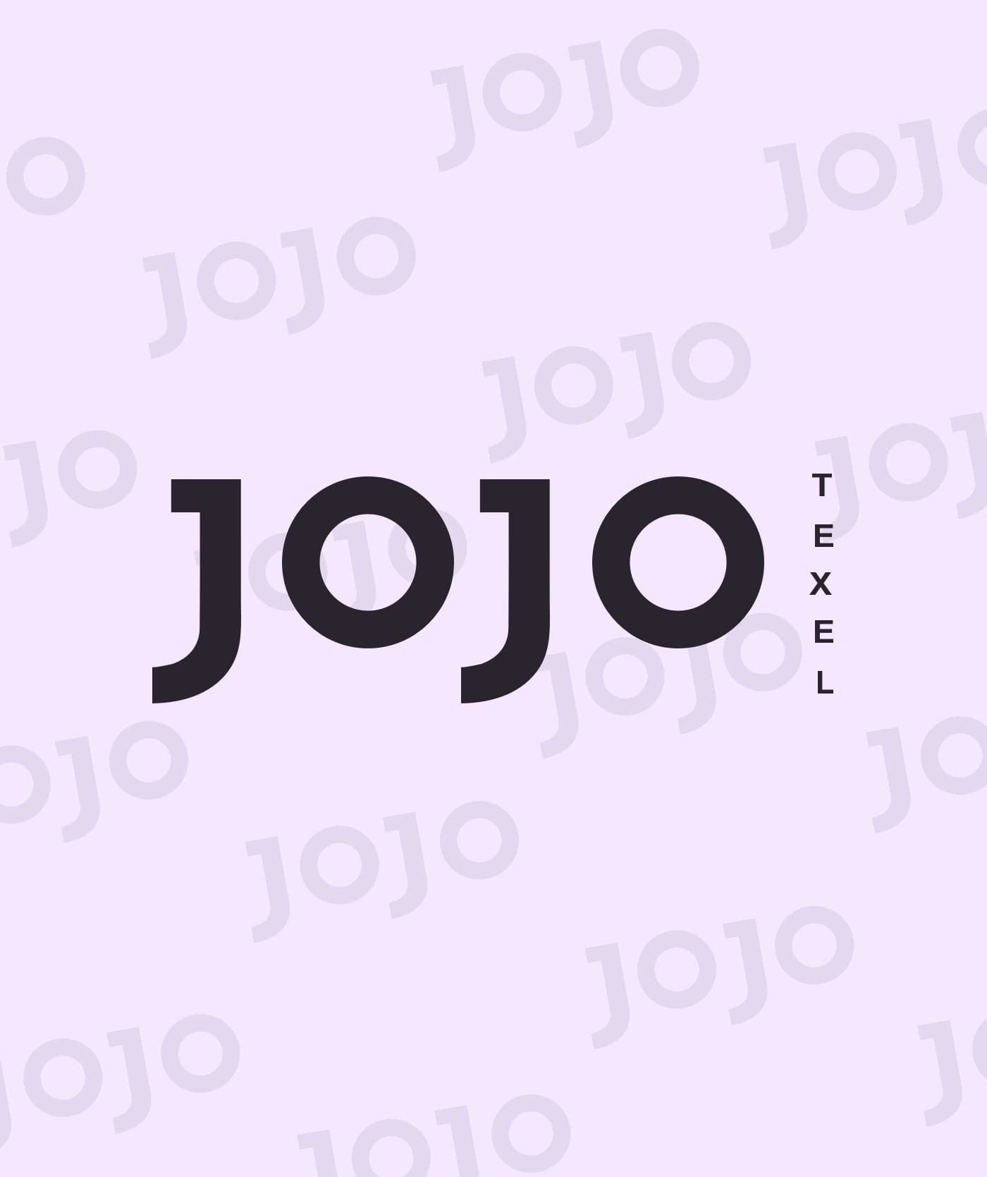 Het woord JOJO in vette zwarte letters staat in het midden op een lichtpaarse achtergrond, met het woord TEXEL in kleinere verticale letters rechts – perfect voor websites of webshops. De herhaalde JOJO-tekst verdwijnt subtiel naar de achtergrond.
